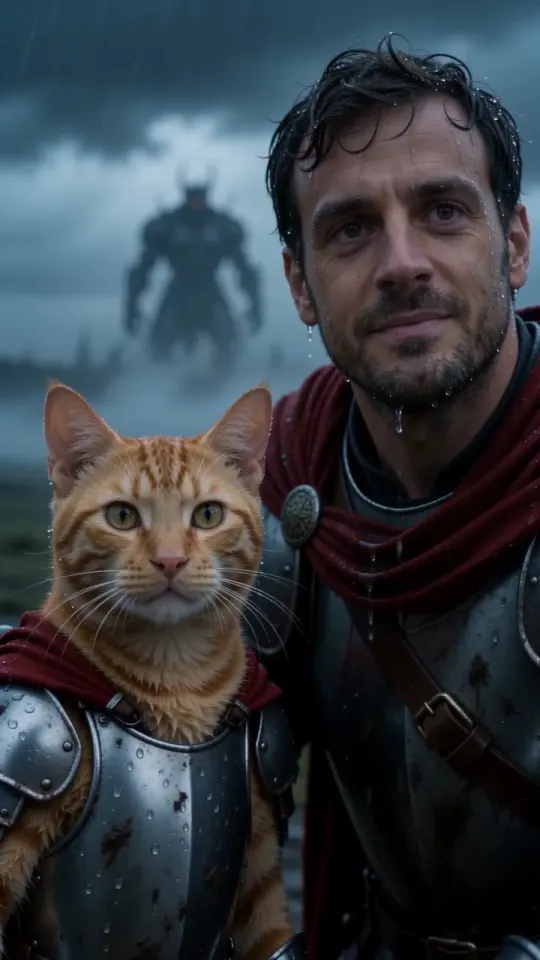 Close-up of the man and his cat in armour side by side in the rain