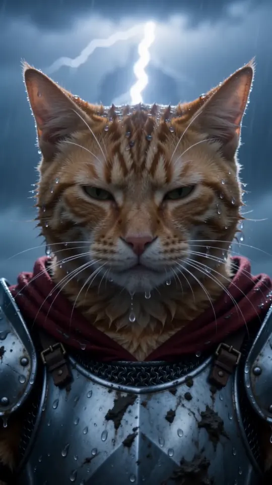 Knight cat AI video frame: lightning cracks behind the cat knight’s face