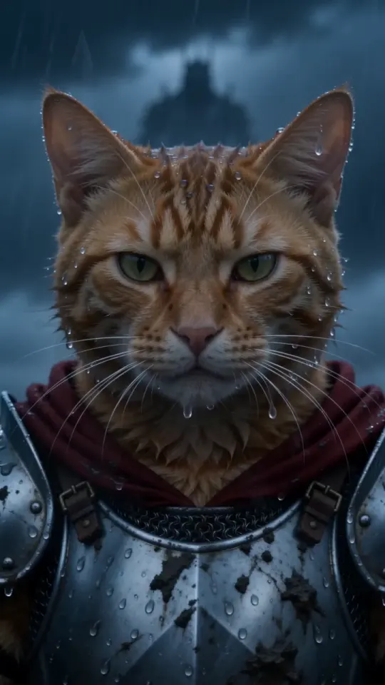 Knight cat AI video frame: close-up of the orange tabby in armour, rain on its whiskers