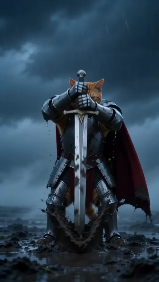 Knight cat AI video frame: the orange tabby knight grips a sword hilt and pulls it out of the mud