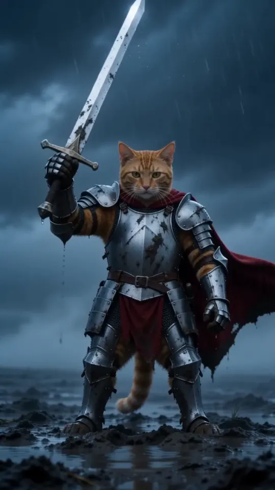 Knight cat AI video frame: the cat knight raises its sword toward the storm, crimson cape blowing