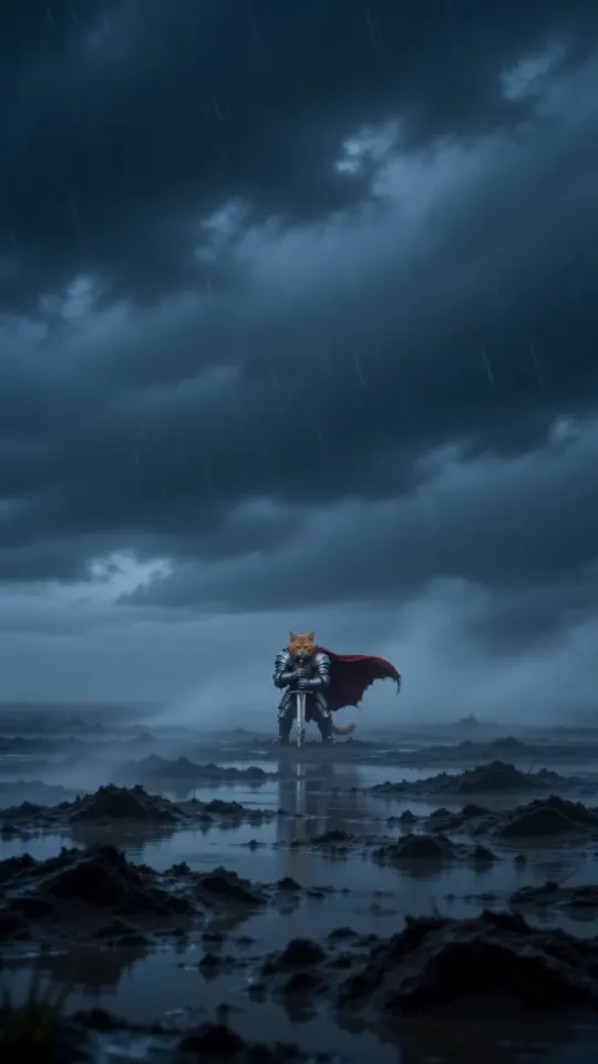Knight cat AI video frame: a tiny armoured cat stands alone on a wide, foggy moor under storm clouds